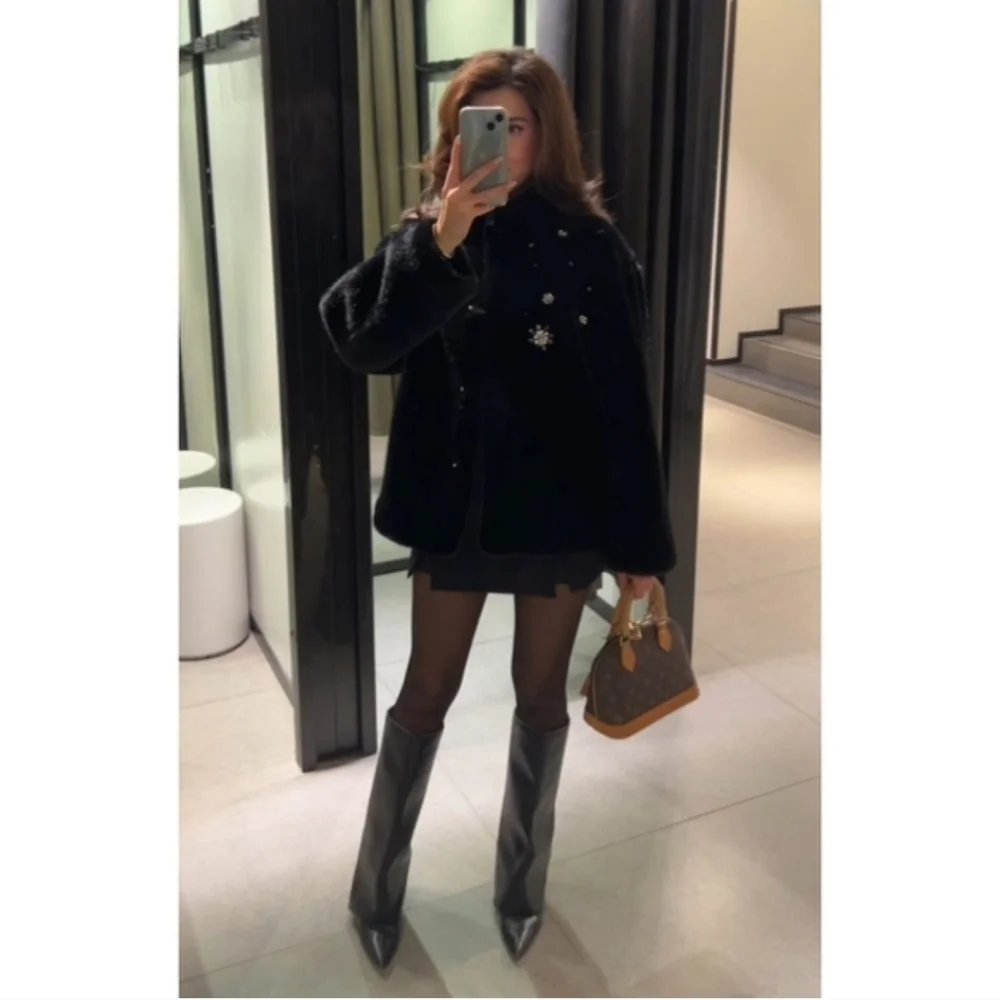 Zara Coat Jewel Faux Fur Black NWT - Picture 5 of 12